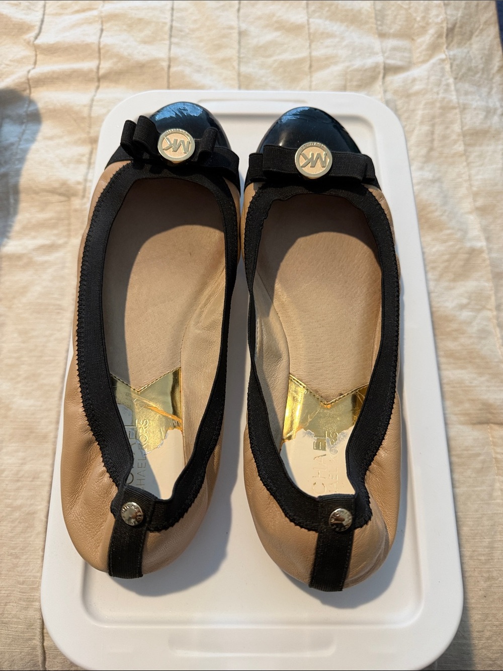 Michael Kors Black & Nude Leather Ballet Flats with Gold MK Medallions